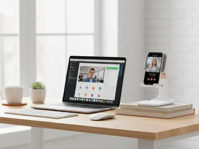 desk phone stand holds smartphone beside laptop on books for video calls, neat home office desk scene with soft light