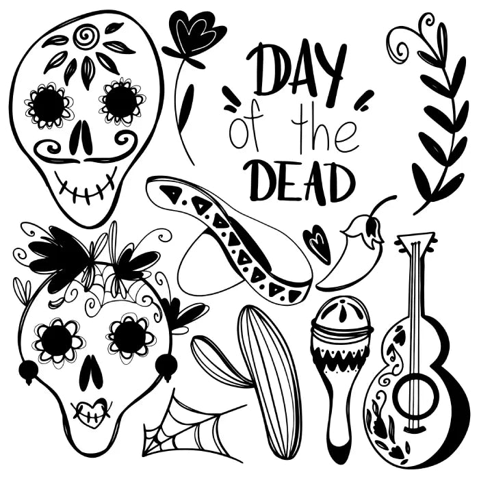 Dia de los Muertos black and white doodles featuring skulls, flowers, guitar, sombrero, and maracas.