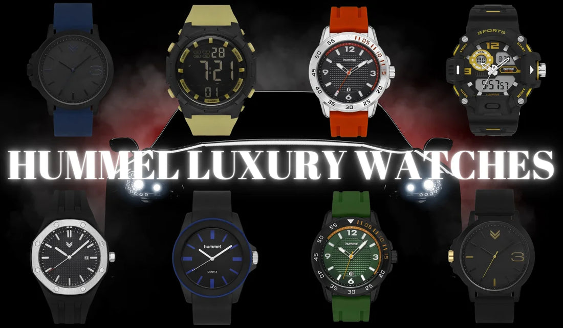 Hummel luxury watches in front of a luxury car