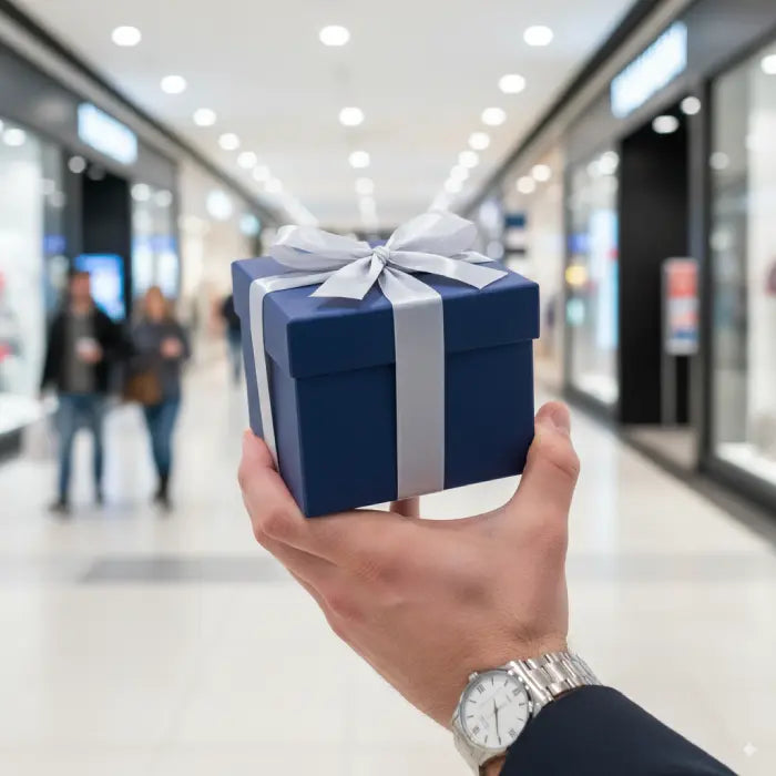 Man holding luxury blue gift box with silver ribbon for women gifts at shopping mall