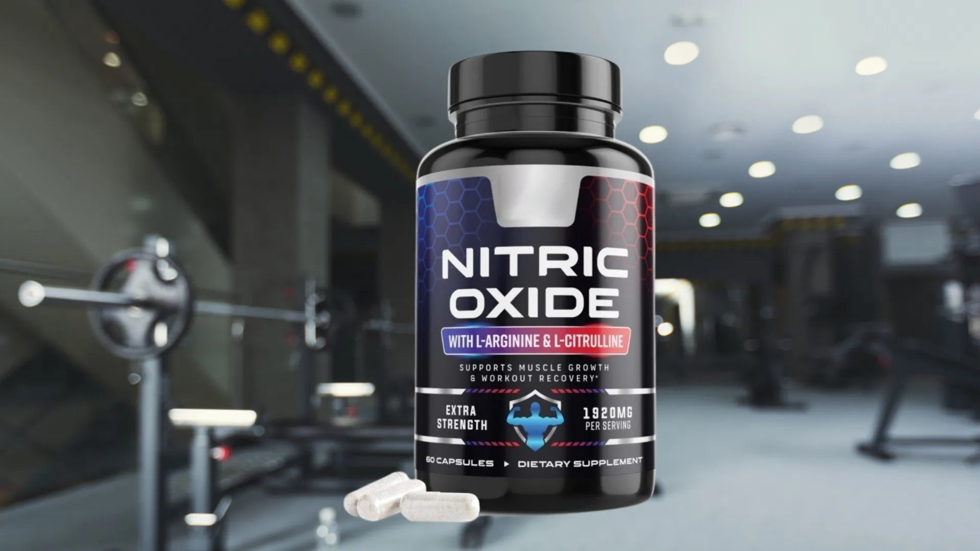 Nitric oxide supplement bottle with capsules displayed in professional gym setting with weight equipment