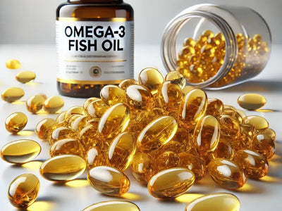 Omega-3 fish oil supplement bottle with golden gel capsules spilled on white surface