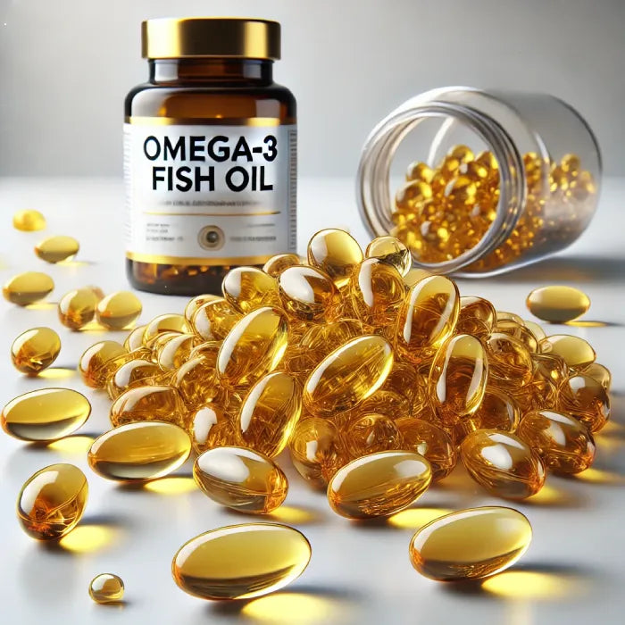 Omega-3 fish oil supplement bottle with golden gel capsules spilled on white surface