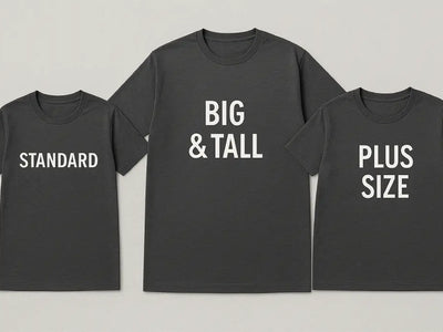 Plus size, big and tall, and standard size t-shirts shown in dark gray for all body types.