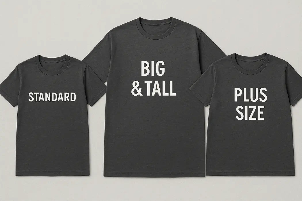 Plus size, big and tall, and standard size t-shirts shown in dark gray for all body types.