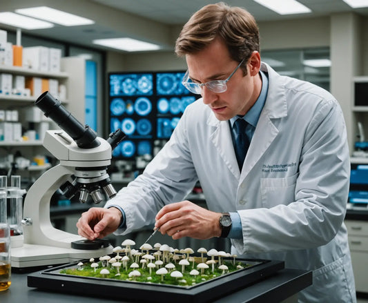 A scientist in a lab coat examining mushrooms on a tray, with a microscope and lab equipment in the background.