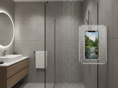 shower phone holder keeps smartphone dry on shower wall, touch friendly waterproof case in modern bathroom with rainfall