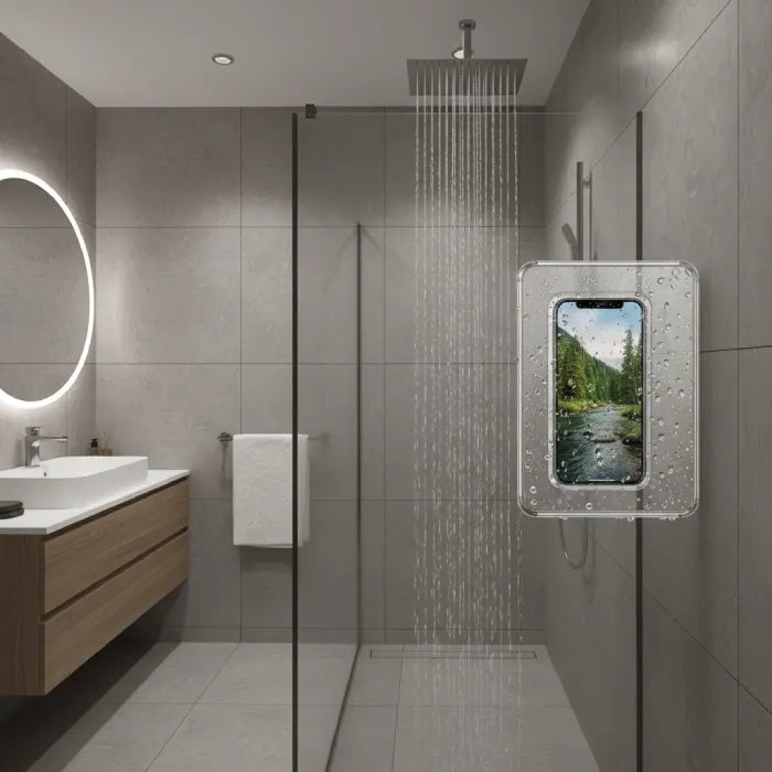 shower phone holder keeps smartphone dry on shower wall, touch friendly waterproof case in modern bathroom with rainfall