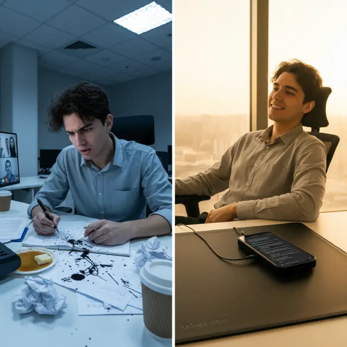 Split screen showing stressed professional taking chaotic handwritten notes versus confident person using smart transcription device