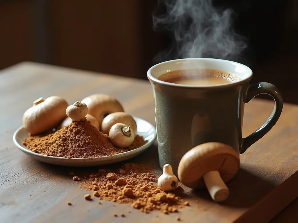 steaming cup of mushroom coffee next to a plate of mushroom powder and whole mushrooms on a wooden table.