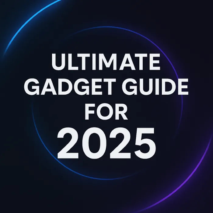 Futuristic cover image for the Ultimate Gadget Guide 2025 with neon blue and purple arcs on a dark background.
