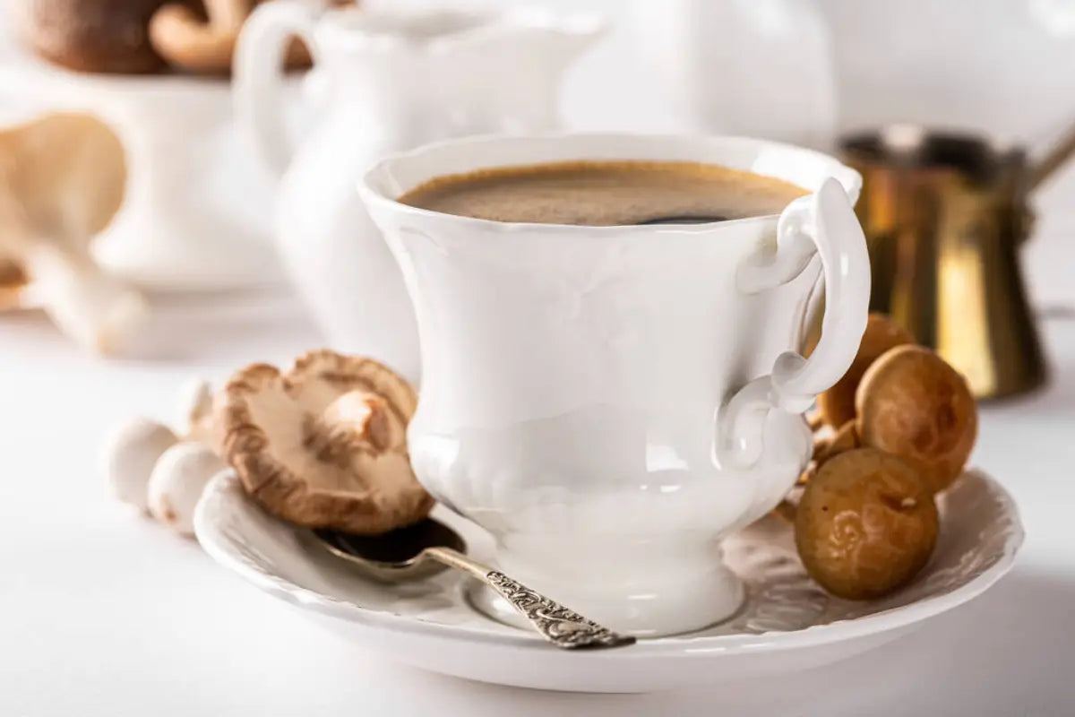 Vintage coffee cup with mushrooms on the plate