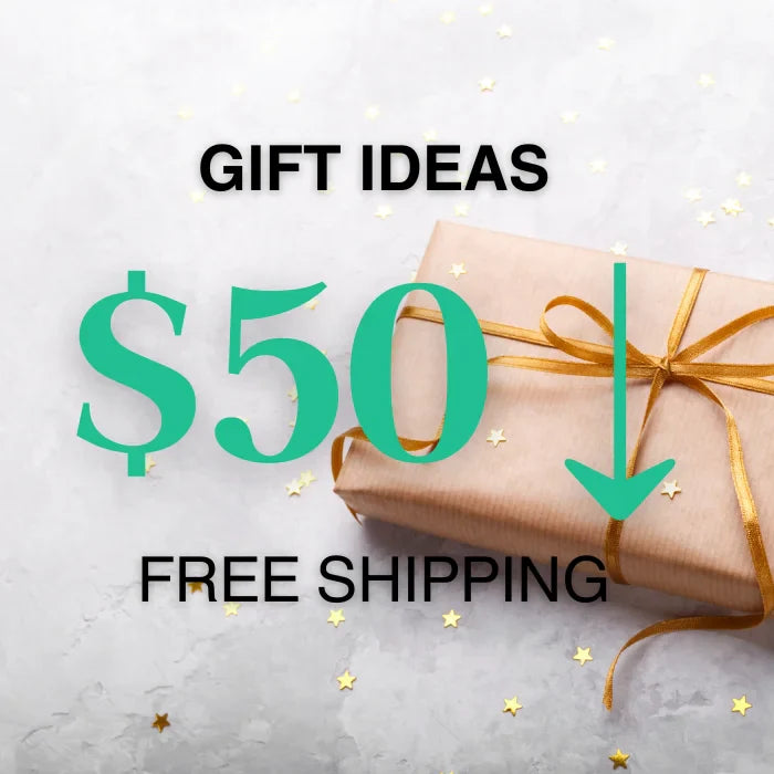 Kraft paper wrapped present with gold ribbon and stars showcasing holiday gift ideas under fifty dollars with shipping