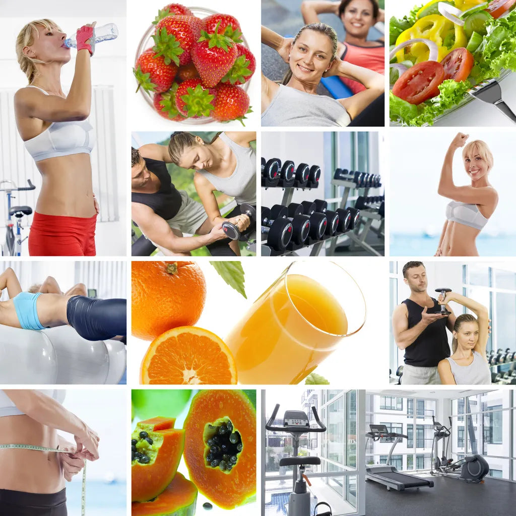 Collage of healthy lifestyle elements, including exercise, nutrition, and hydration, featuring gym workouts, fresh fruits, and group fitness.