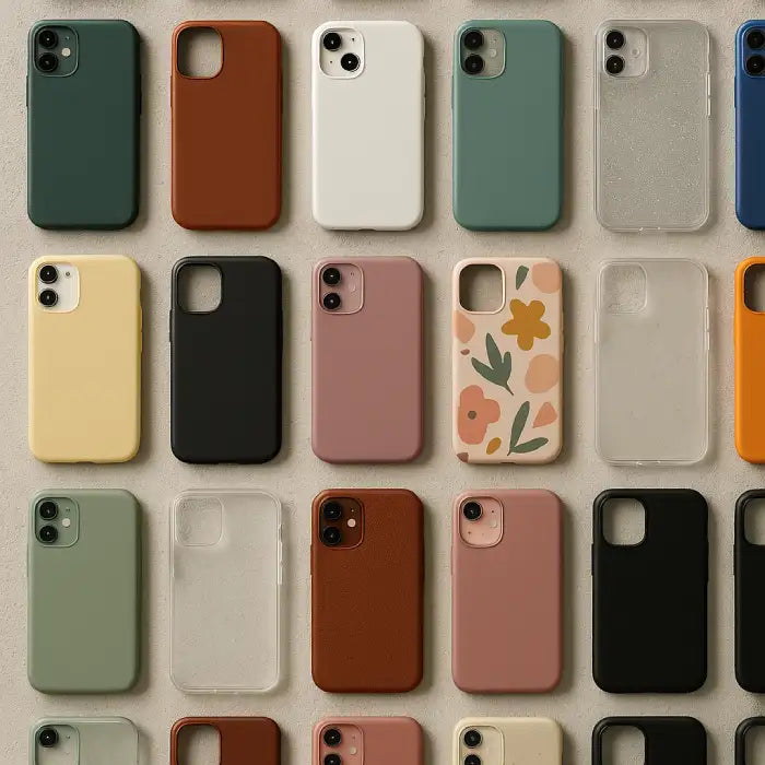 various Iphone protective Cases shown on a wall