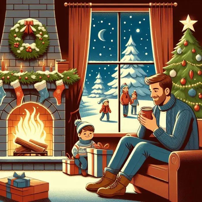 Man and child enjoy warm living room with fireplace, Christmas tree, and snowy view through window of family outside