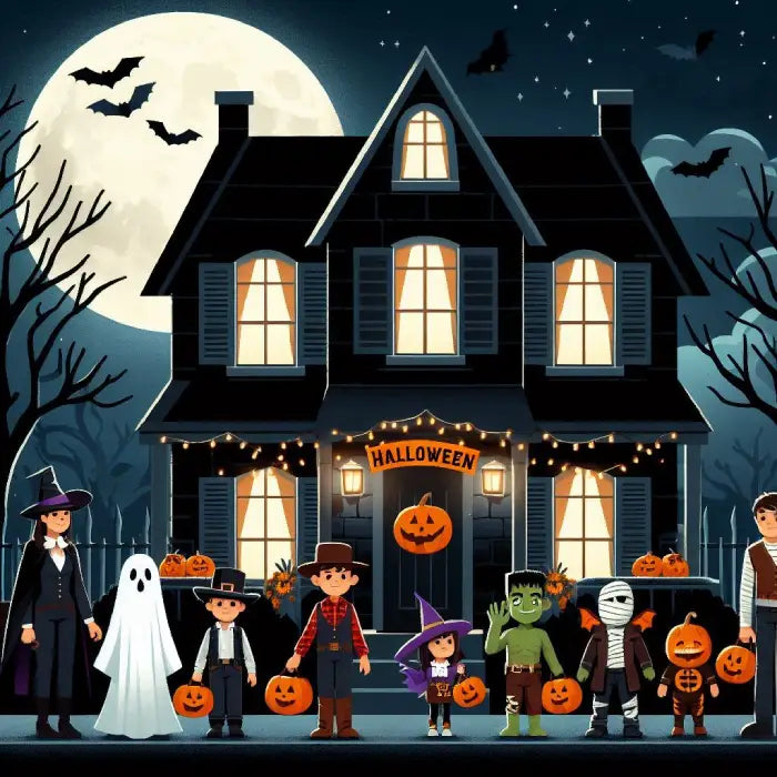 Spooky haunted house with full moon, bats, and costumed children trick-or-treating on Halloween night with jack-o-lanterns and decorations