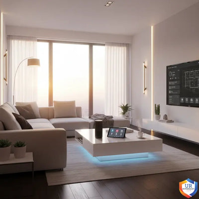 Smart home devices including speaker, LED coffee table, and automated lighting create cozy modern living room atmosphere