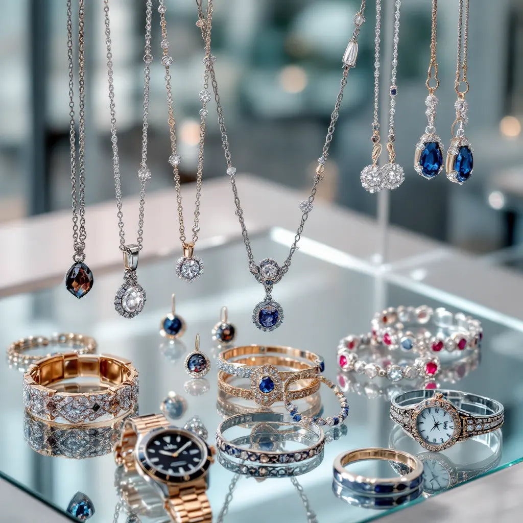 Elegant luxury jewelry display featuring diamond necklaces, gemstone bracelets, and designer wristwatches.