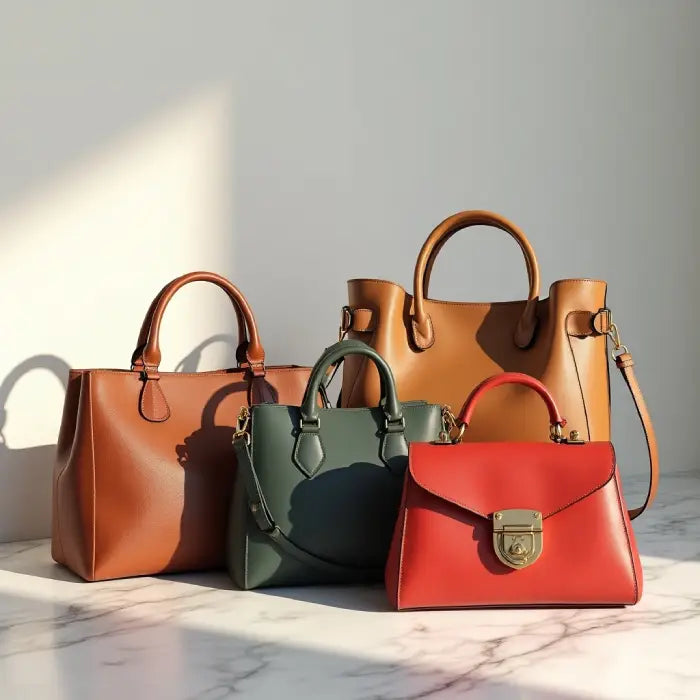 Cruelty free handbags in brown, green, and red vegan leather displayed on marble under natural lighting.