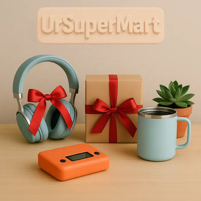 UrSuperMart gift ideas collection with headphones, wrapped present, travel mug, and gadgets displayed on a wooden surface with red bows