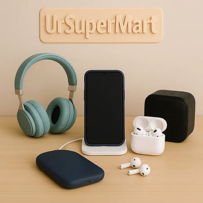UrSuperMart phone accessories collection with cases, chargers, Bluetooth speaker, and wireless earbuds on a clean display