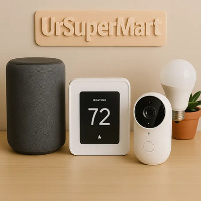 UrSuperMart smart home devices collection with smart speaker, thermostat, security camera, and light bulb on wooden surface