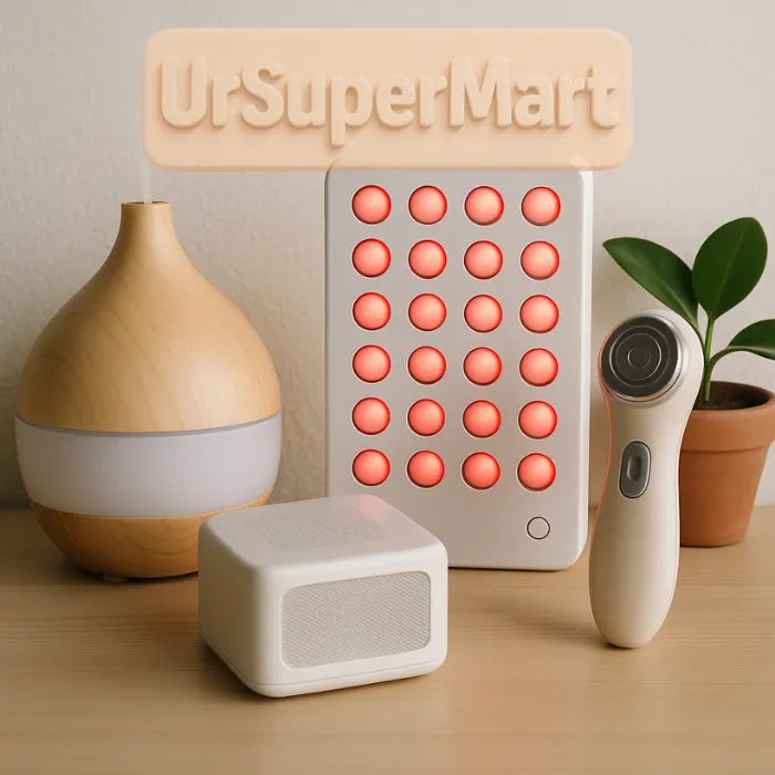 UrSuperMart wellness tech collection featuring aromatherapy diffuser, red light therapy panel, white noise machine, and facial massager