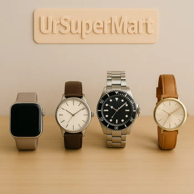 A stylish display of luxury, sport, and fashion watches from UrSuperMart, showcasing diverse designs for every lifestyle.