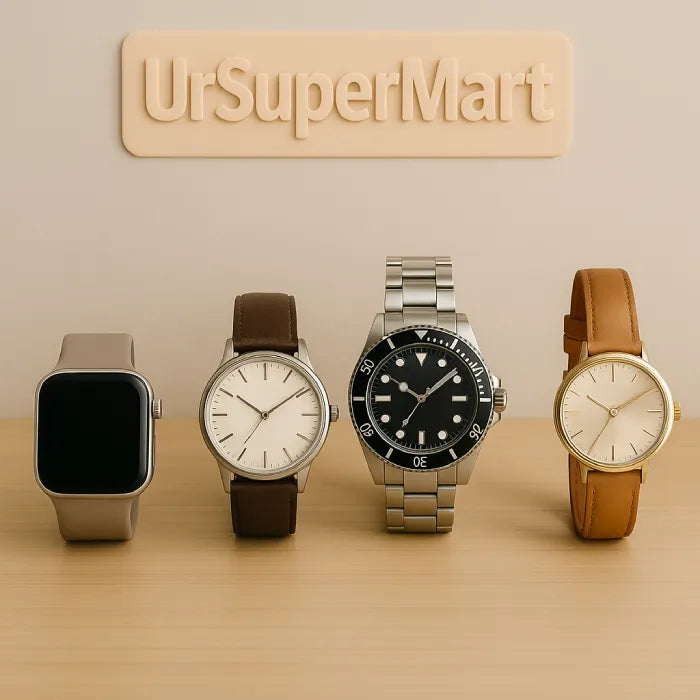 A stylish display of luxury, sport, and fashion watches from UrSuperMart, showcasing diverse designs for every lifestyle.