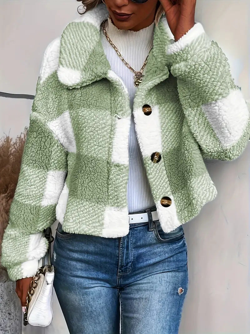 Plaid Cropped Jacket: Warm Sherpa & Trendy Style for Women