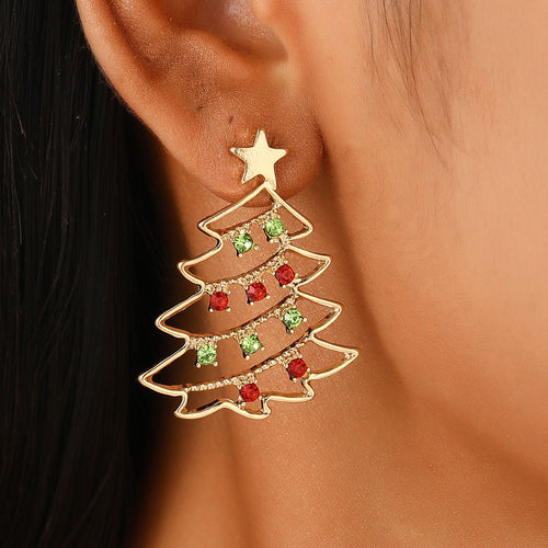 Christmas Tree Earrings Gold Red Green Festive Sparkle - UrSuperMart