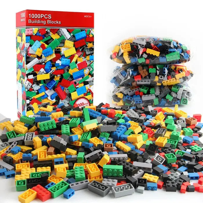 1000-piece multicolor building blocks set with packaging and loose pieces in bags.