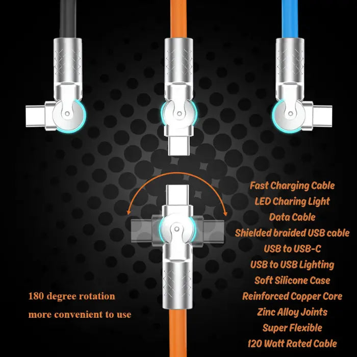 120w 6a usb c fast charging cable with 180-degree rotatable connector shown in multiple colors for flexible, convenient high-speed charging.