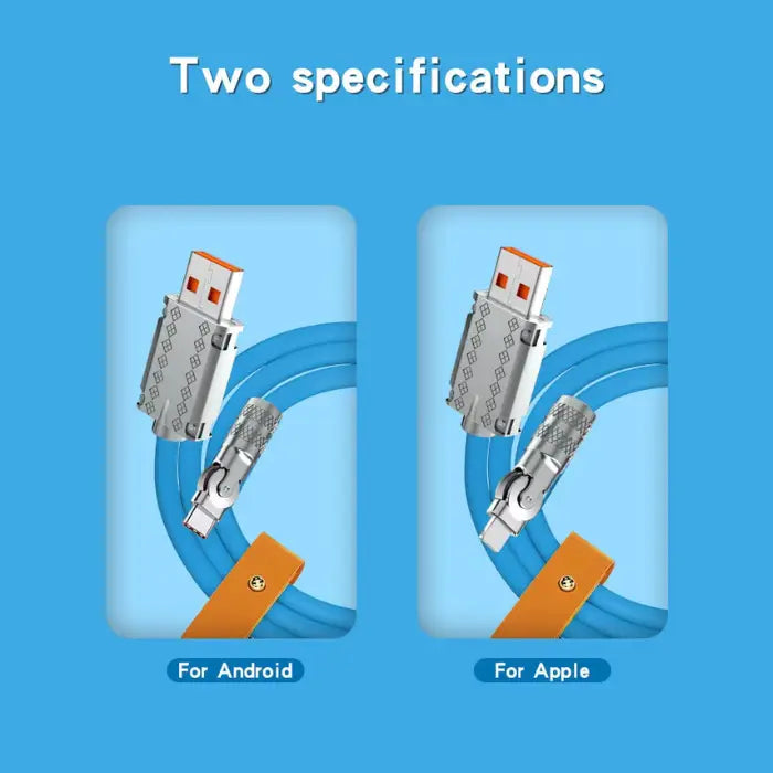 120w 6a usb c fast charging cable shown in Android and Apple versions with durable alloy connectors for universal device compatibility.