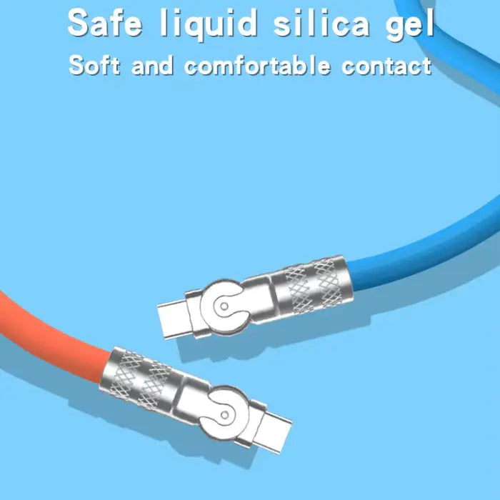 120w 6a usb c fast charging cable made with soft liquid silicone in blue and orange colors for comfortable handling and durable performance.