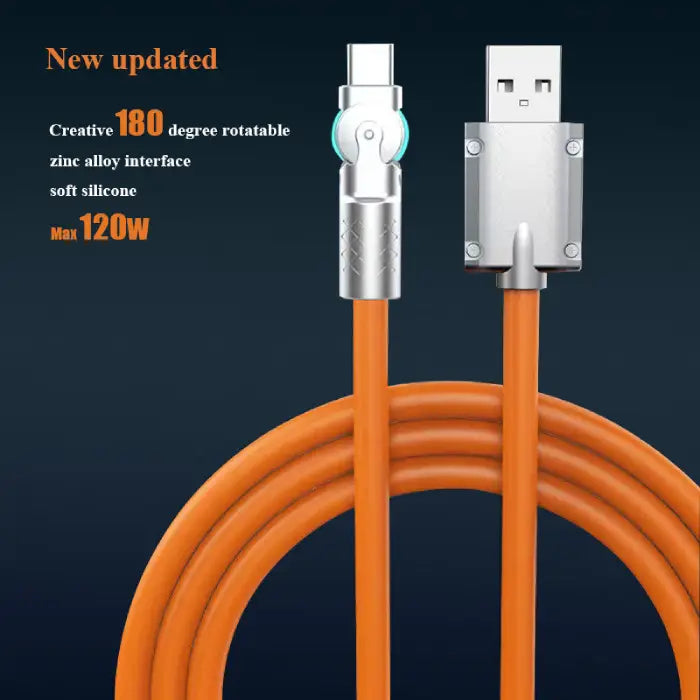120w 6a usb c fast charging cable upgraded with rotatable zinc alloy connector and soft silicone wire for enhanced fast-charge efficiency.