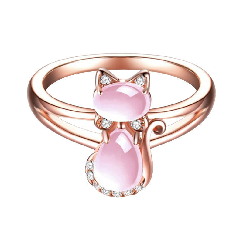 Rose Gold Cat Ring Cute Pink Cat with Sparkle Stones
