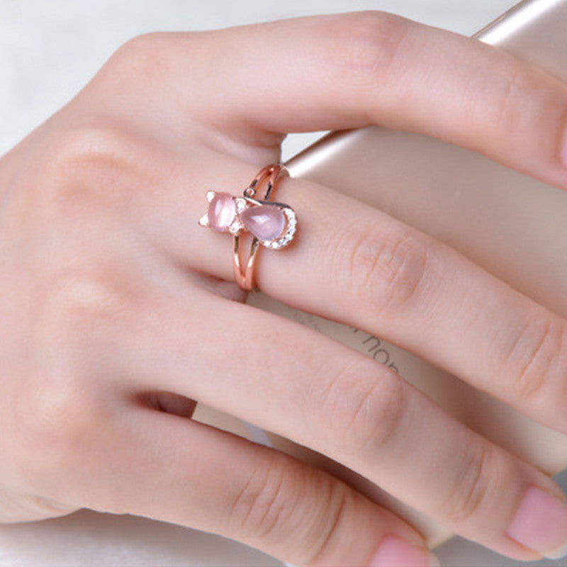 Rose Gold Cat Ring Cute Pink Cat with Sparkle Stones