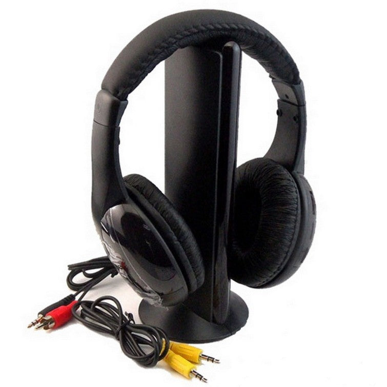 Wireless TV headphones with charging stand for versatile 5-in-1 audio.