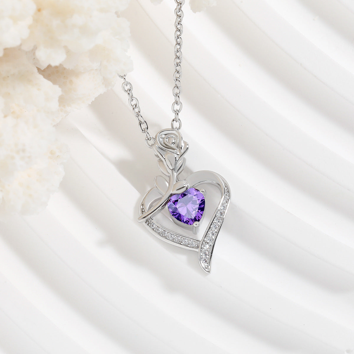 Rose Heart Necklace - Elegant Silver Gemstone Pendant