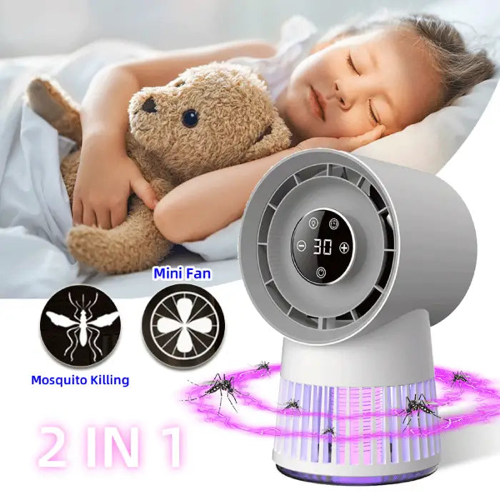 2-in-1 Rechargeable Mosquito Killer Desk Fan shown near sleeping child, promoting safe and quiet use.
