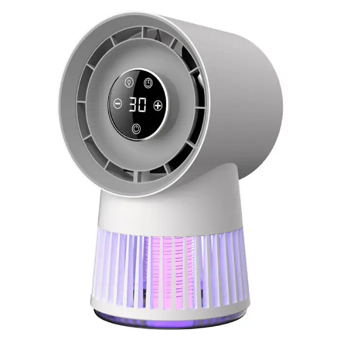 2-in-1 Rechargeable Mosquito Killer Desk Fan with digital display and bladeless design on white background.

