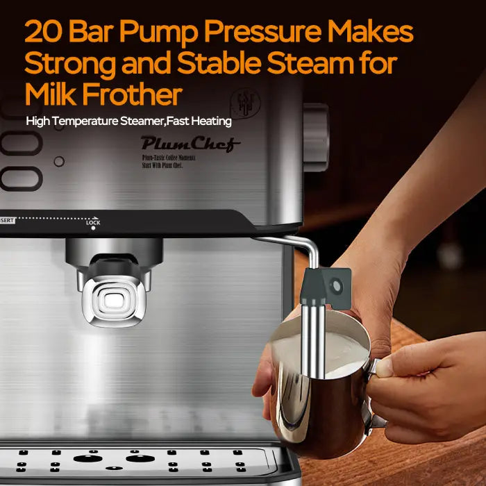20 bar pump pressure espresso machine makes strong espresso and stable steam for milk frothing.