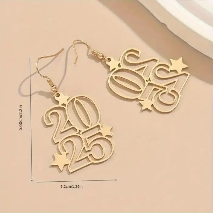 Gold 2025 earrings with measurement details showing 5.60cm length and 3.2cm width on beige background