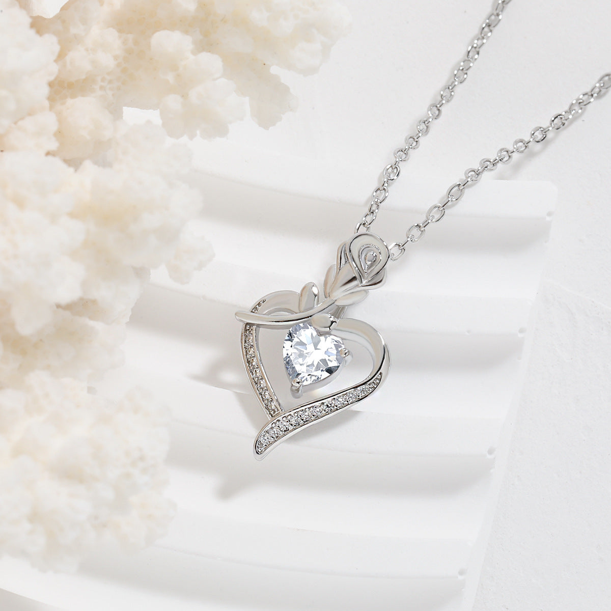 Rose Heart Necklace - Elegant Silver Gemstone Pendant