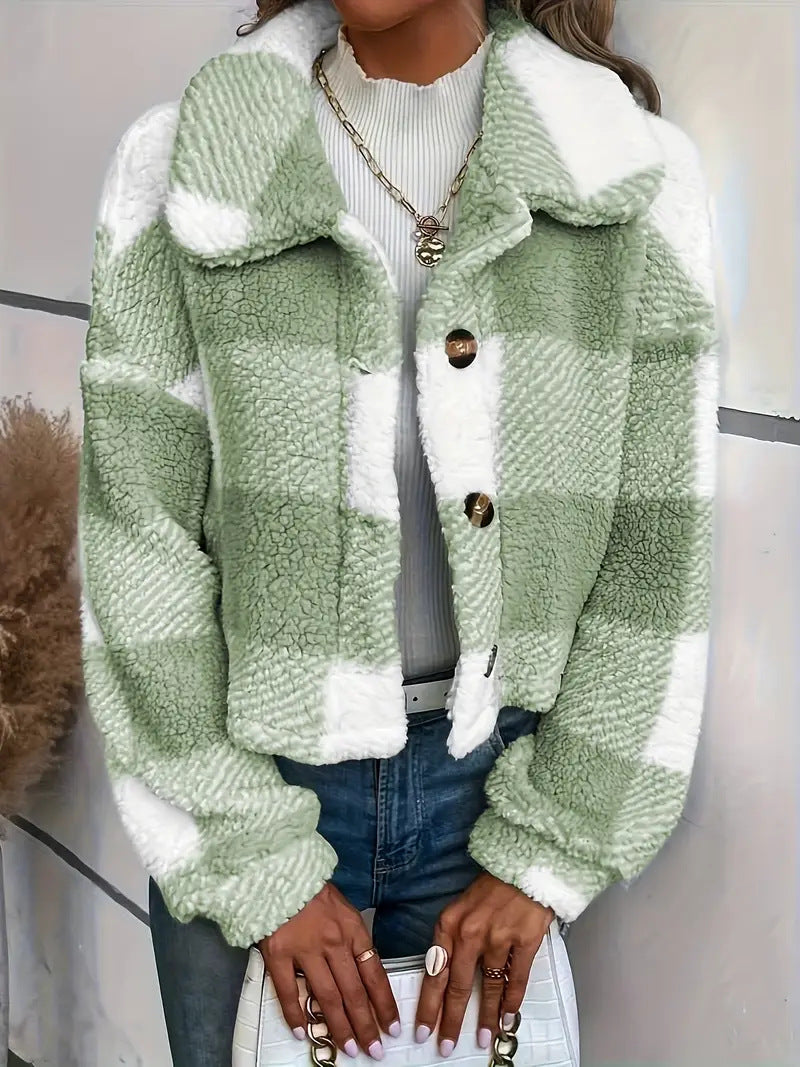 Plaid Cropped Jacket: Warm Sherpa & Trendy Style for Women