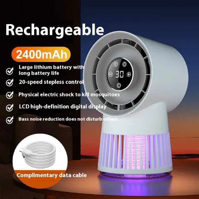  2-in-1 Rechargeable Mosquito Killer Desk Fan with 2400mAh battery, LCD, and silent operation features