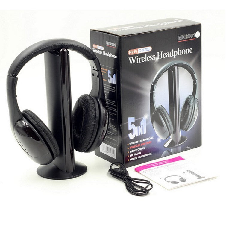 Wireless TV headphones with charging stand for versatile 5-in-1 audio.