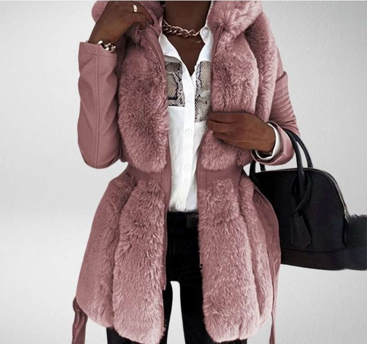 New Style Fur Belt Belt Hooded Zipper Jacket Women's Clothing - UrSuperMart